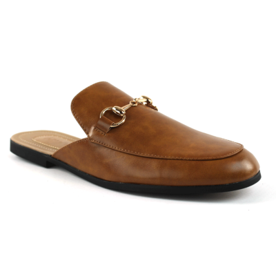 Mens Cognac Brown Leather Backless Slip On Mule Gold Buckle 