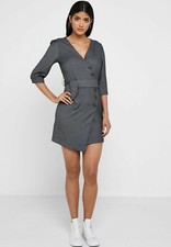 NEW MANGO (ZARA Group) BELT WRAP DRESS Size EUR L USA 8 IN DARK GREY