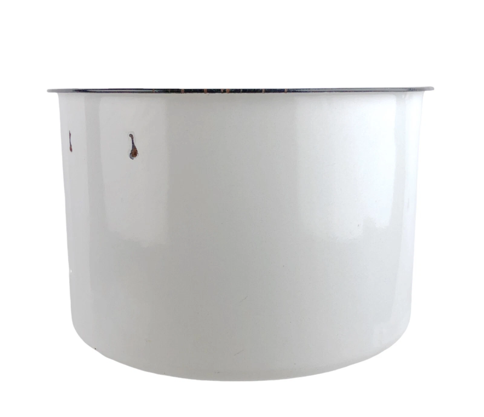 Large Vintage White Enamelware Pot Black Rim 7.5 x 11.5" Farmhouse Style