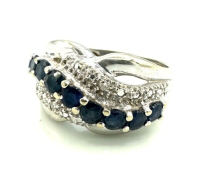 Bague Or Blanc 18 Carats Avec Saphirs Et Diamants - Taille 53, Cocktail, 4,95g, Occasion