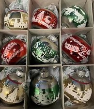 RADKO SHINY BRITE SILENT NIGHT STENCILED 9 RETRO LARGE CHRISTMAS ORNAMENTS NIB