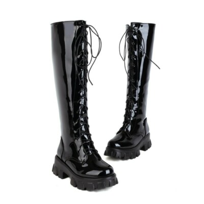 Women's Biker Lace Ups College Round Toe Chunky Heel Mid Calf Knee