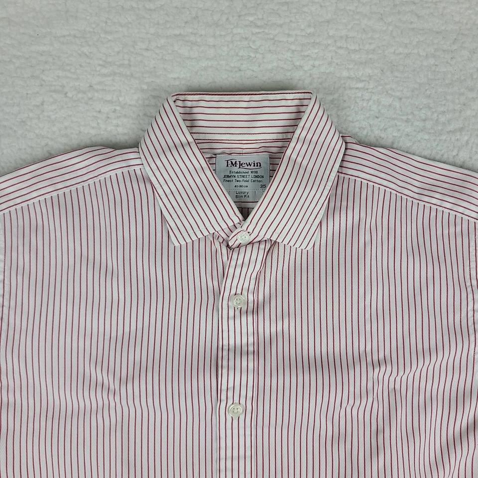 Camisa TW Lewin Para Hombres 16 35 Rojo Oscuro Blanco Rayas Lujo Calce Ajustado Vestido Abotonado Foto 3 de 4