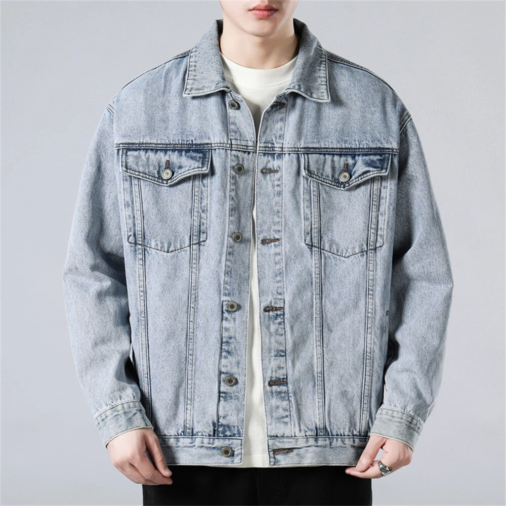 Mens Denim Jacket Jean Coat Slim Fit Casual Clothing Long Sleeve Buttons