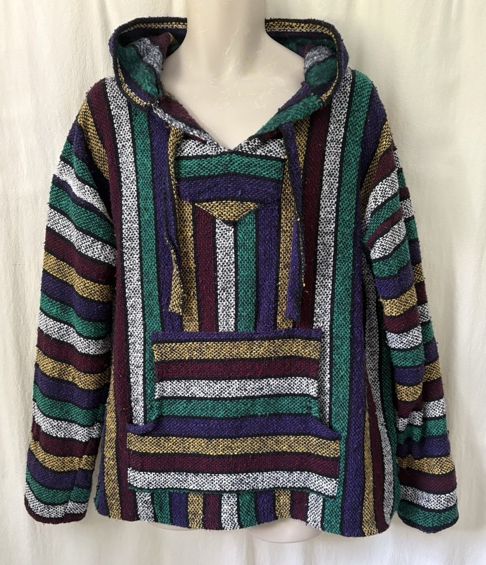 Vel-Mex Baja Surf Hoodie Mexican Jerga Pullover Multi Color Striped Woven L