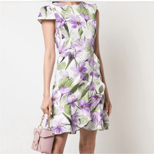 NEW Tags Alice + Olivia Kirby Floral Purple White Ruffle Hem Mini Dress Size 4
