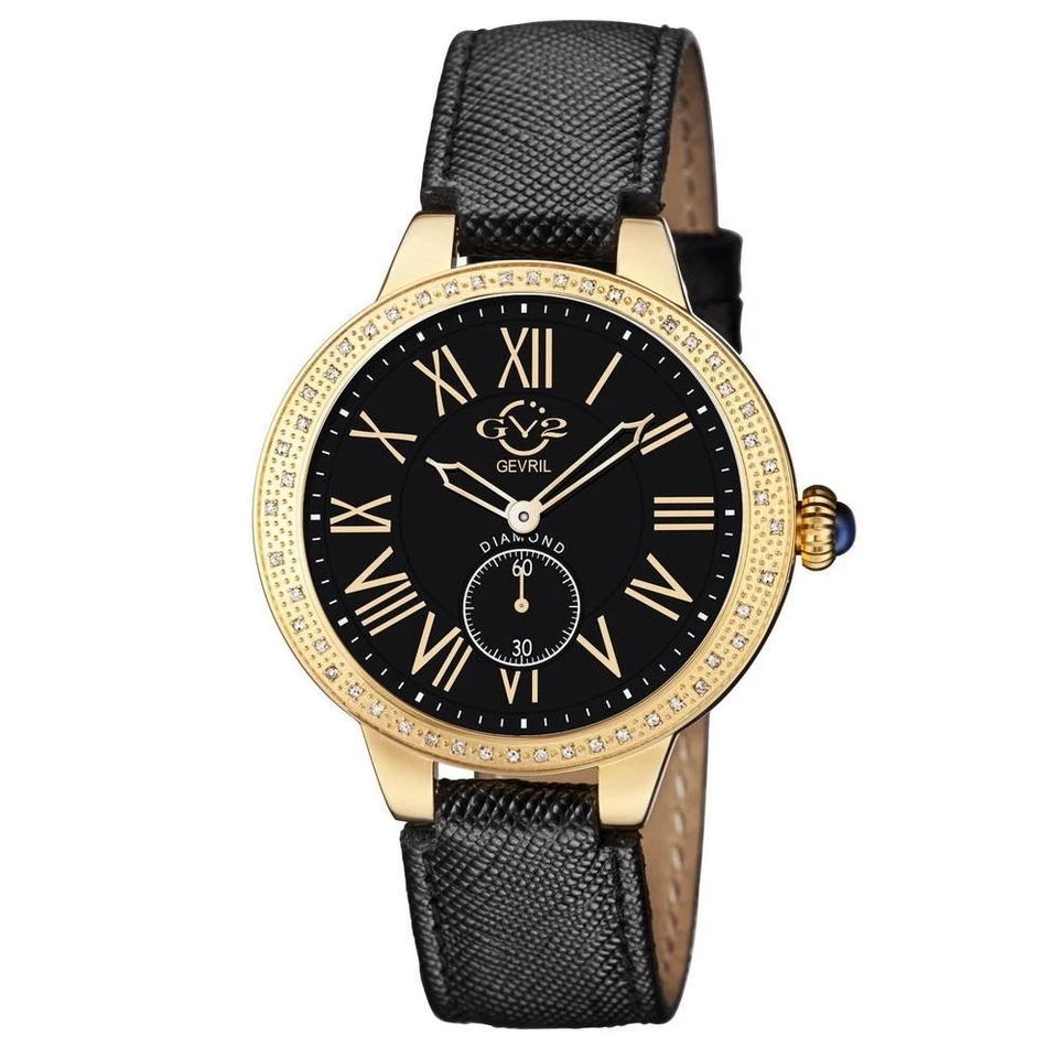 Reloj para mujer GV2 By Gevril 9112 Astor suizo diamante oro IP acero cuero negro