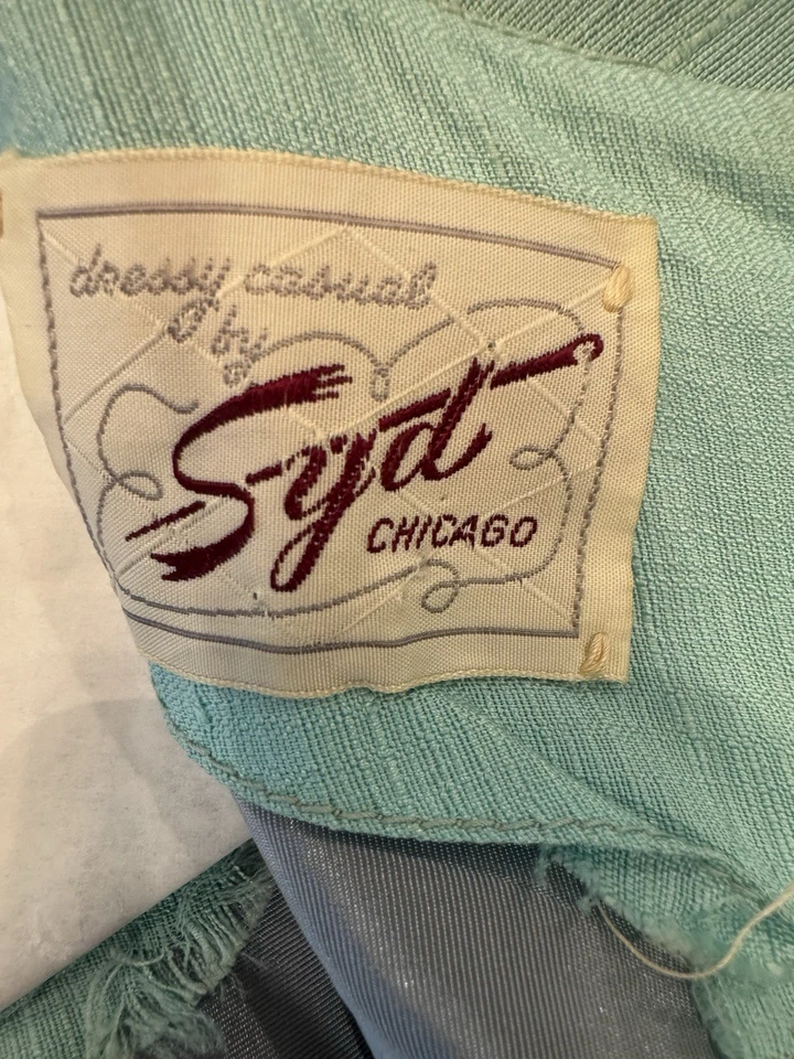 VTG 1950s Aqua Wiggle Dress W/Silver Embroidered Bows Cocktail Glam MCM Sparkle - Image 4 of 4