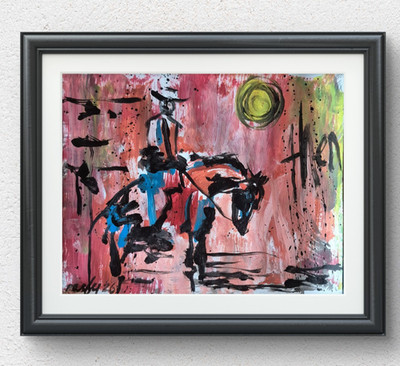 Original Hand Painted 11x14 Abstract Cowboy Acrylic Art Multi Color Signed P108
