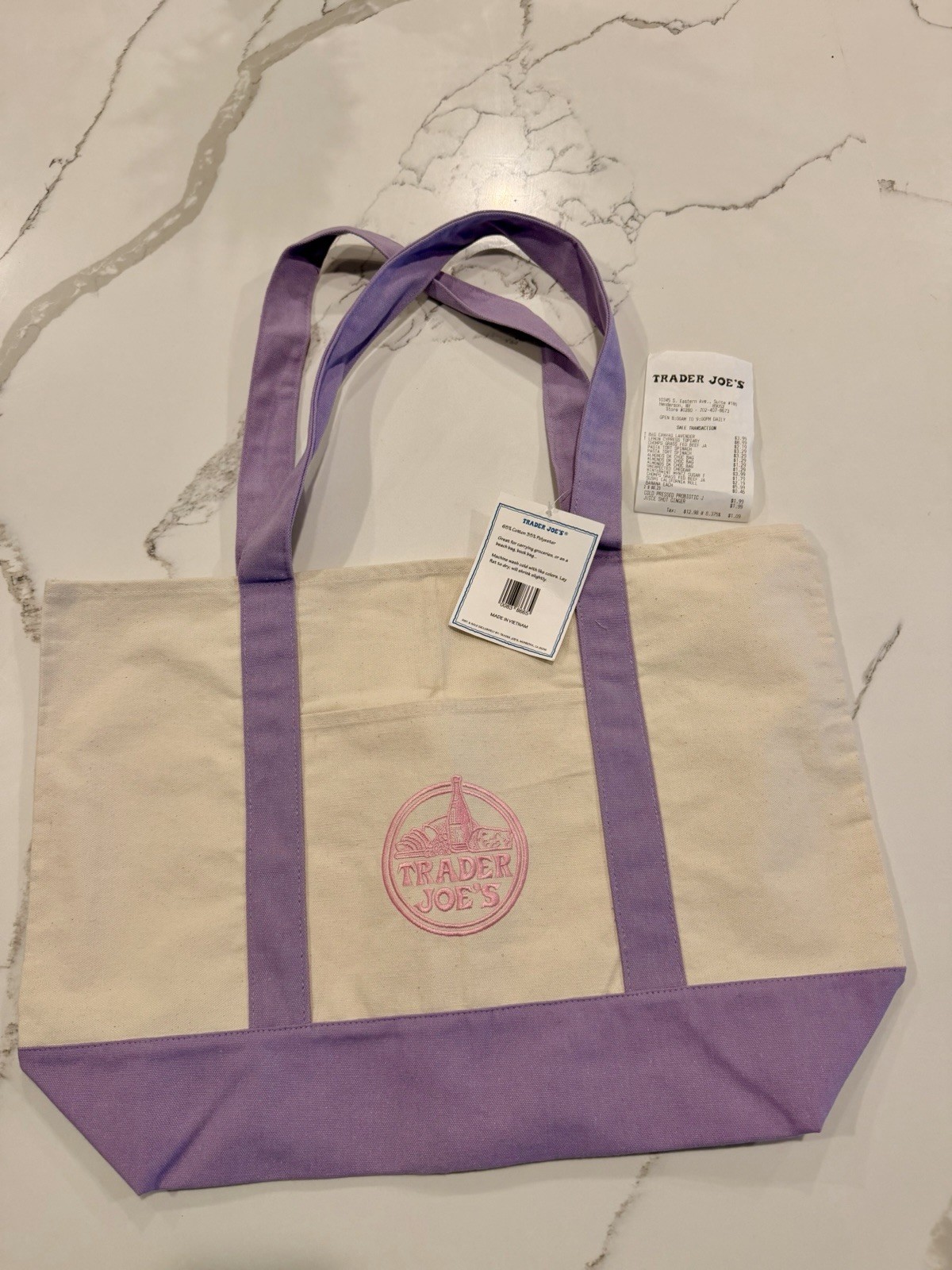 BRAND NEW LARGE Lavender Trader Joe’s Canvas Tote Bag -Spring 2026  NWT SOLD OUT