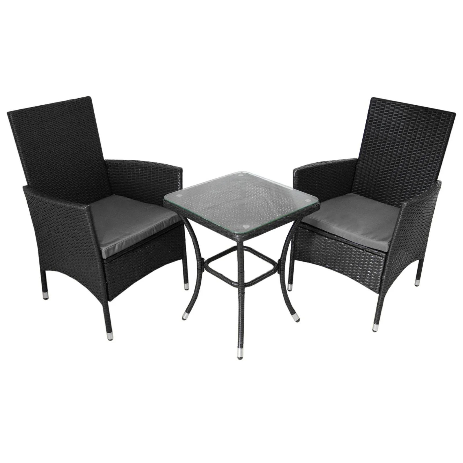 Salon de jardin rotin noir bistrot avec table basse carrée en verre sécurit