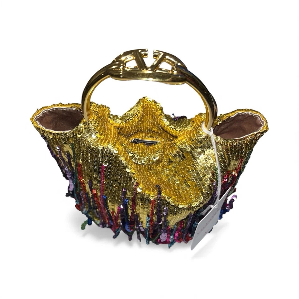 Bolso Cubo Pequeño Valentino Garavani Carry Secrets Lentejuelas Dorado Multicolor Nuevo con Etiquetas Foto 4 de 4