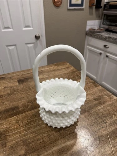 Vintage Fenton art glass white milk glass hobnail 9 1/4" basket