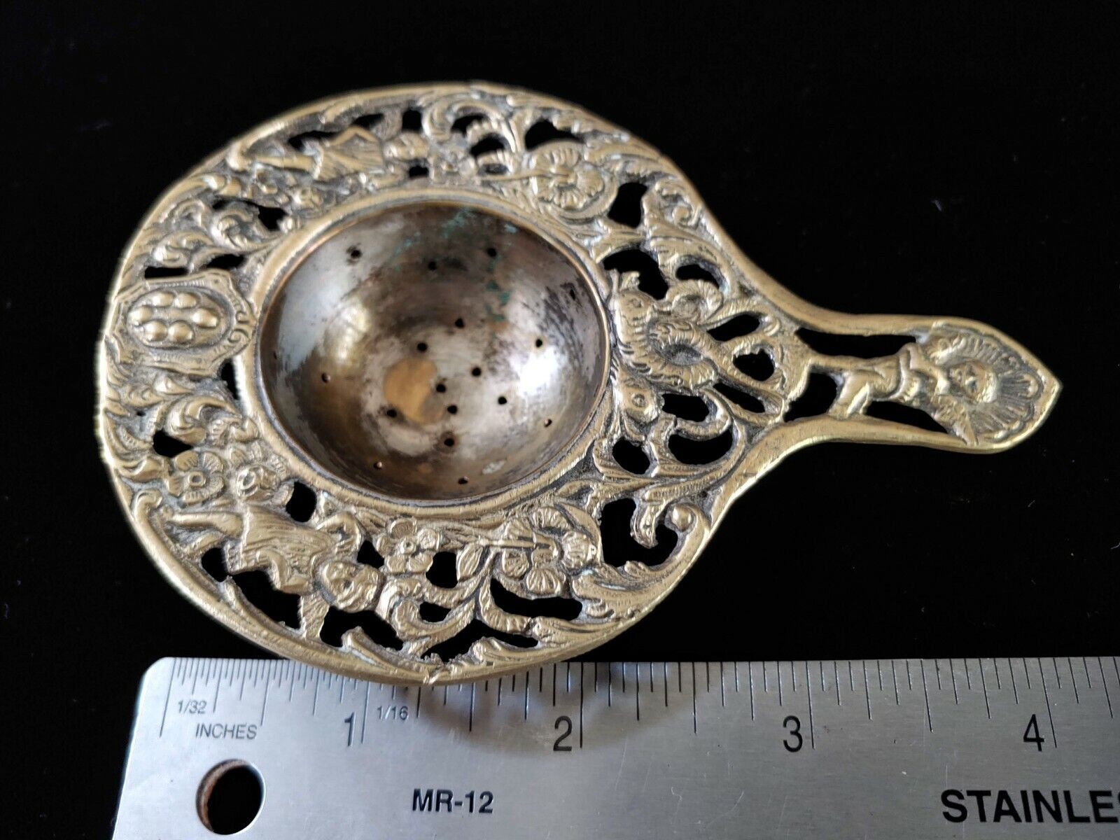 Antique Art Deco Silver on Brass Over-the-Cup Tea Strainer Cherubs, Serpents