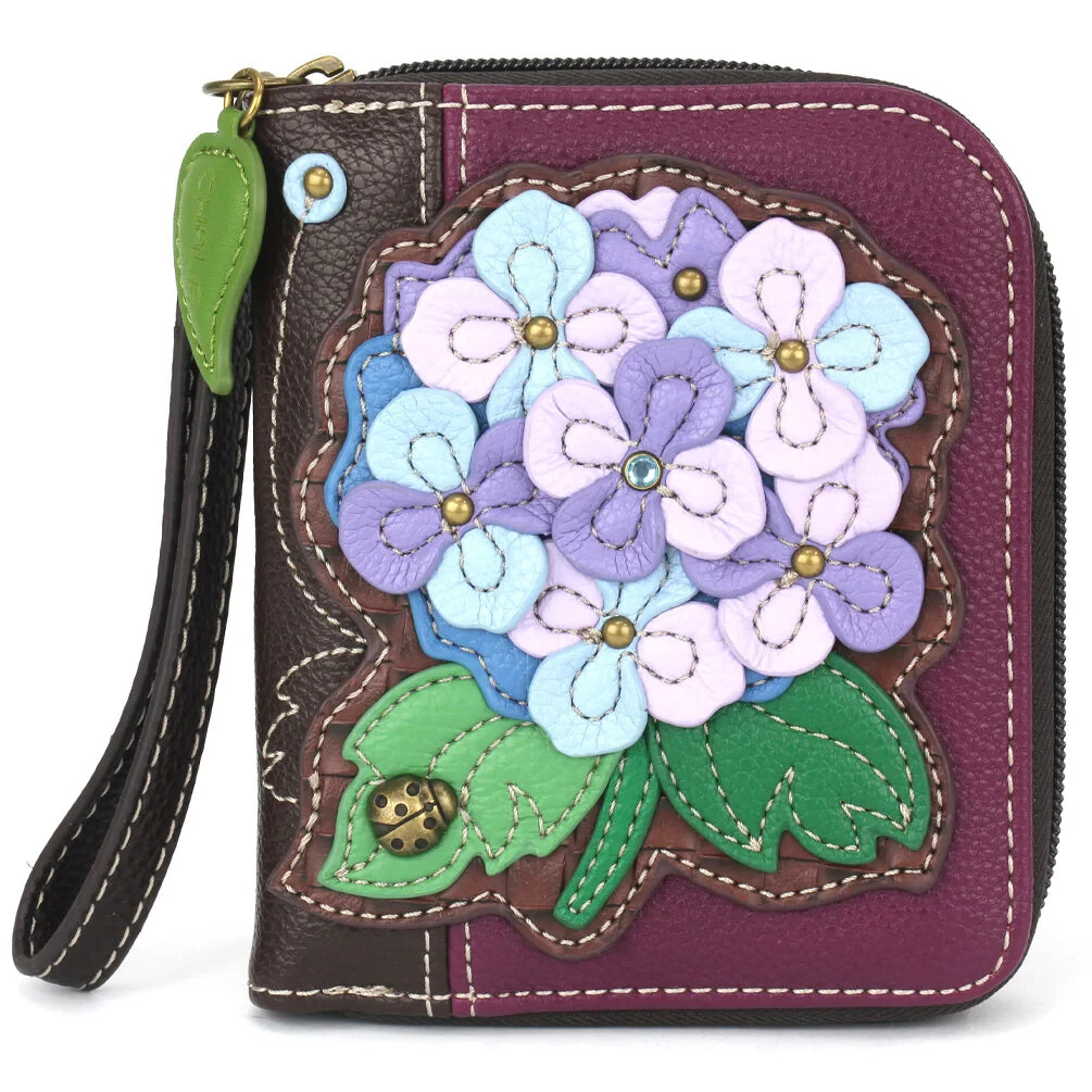 NEW CHALA PINK PURPLE BLUE HYDRANGEA FLOWER DUO FOLD ZIPPERED WALLET FAU LEATHER