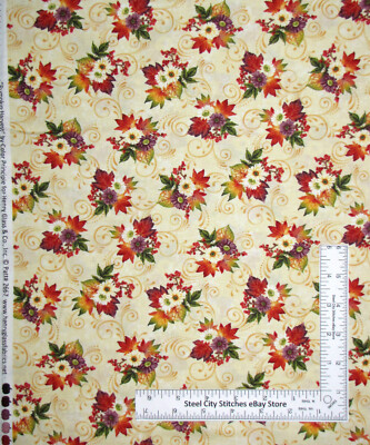 Autumn Fabric Mumm Leaves Fall Floral Pumpkin Harvest Cotton by Henry ...