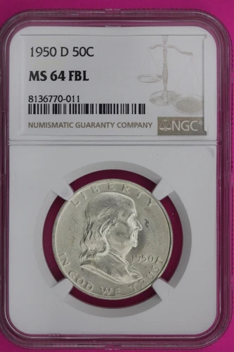 Full Bell Lines 1950 D MS 64 FBL Ben Franklin Half Dollar Silver Coin NGC 956