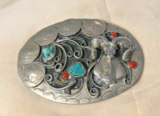 Vinatge Native Silver Nickle Ram Buffalo Nickels, Turquoise Coral Buckle