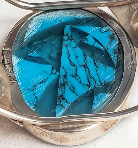 Vtg. Taxco Sterling Silver & Faux Turquoise With Calla Lilies Open Cuff Bracelet - Picture 8 of 12