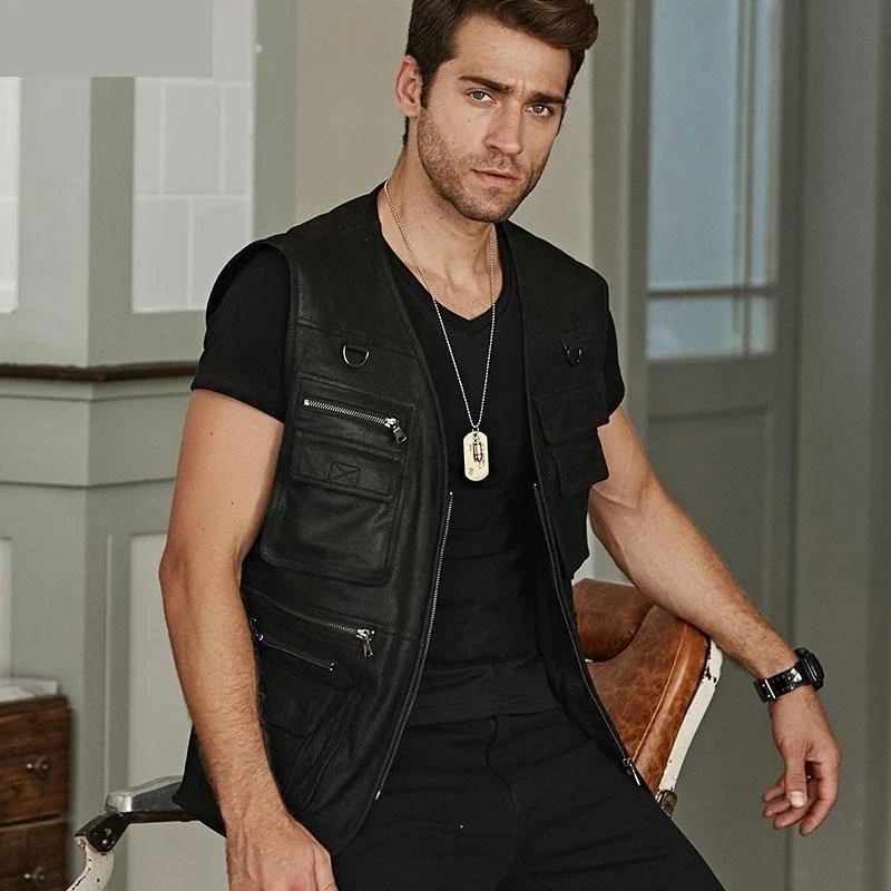 Leather Vest for Men Black Lambskin Biker Size XS S M L XL XXL 3XL Custom Made
