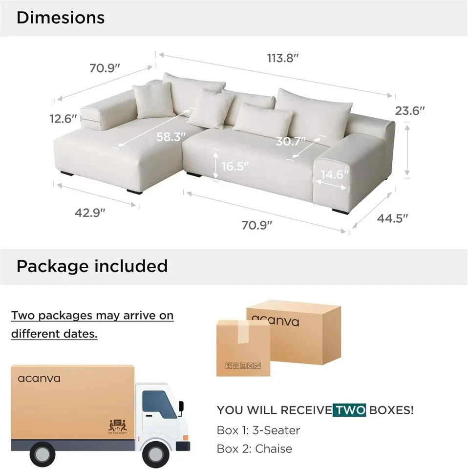 Modern White Sectional 113.8'' 4 Seat Sofa Couch L-Shaped Wool Living Room Sofa - Image 2 of 4