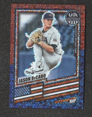 Jason DeCaro 2026 Panini USA Stars & Stripes /13 Red & Blue Disco Prizm #105