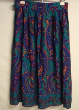 Vtg '80s Brightly Colored Paisley Print Midi Skirt Handmade Blue Touquoise M