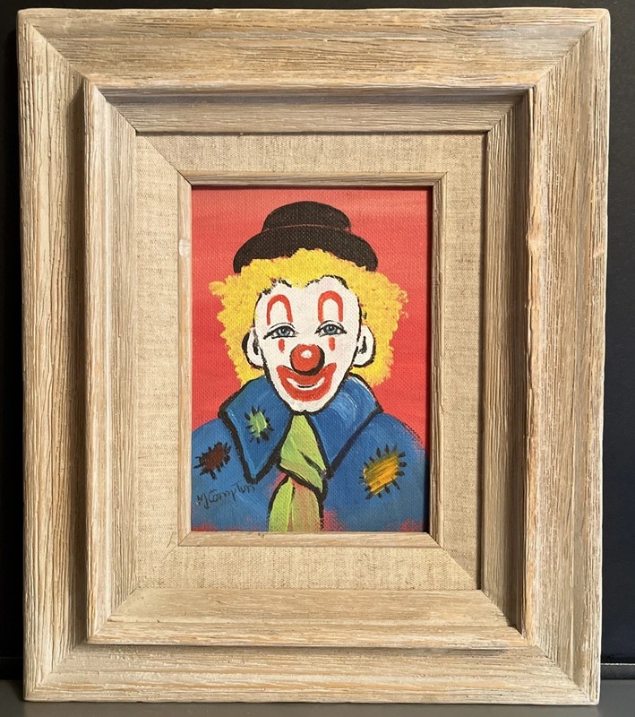 M.Compton Clown Oil Painting 13X11”Framed Signed Actual 5X7” Original 70s Art 