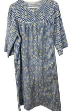 Vintage Blue Gingham Floral Button Front House Dress Prairie Cottagecore