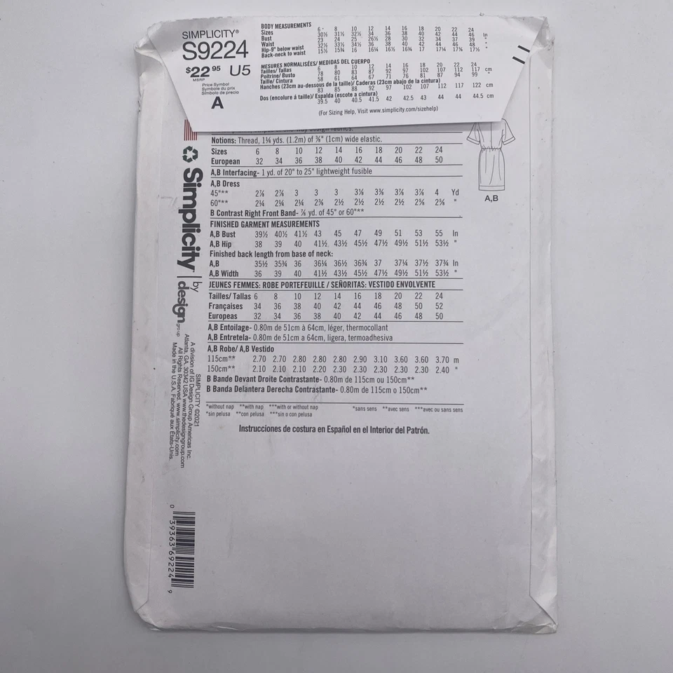 Simplicity Sewing Pattern S9224 Womens Dress Robe Sizes 16-24 Uncut - Image 2 of 4