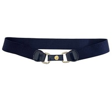 vtg Navy Blue stretch belt w gold lion head M