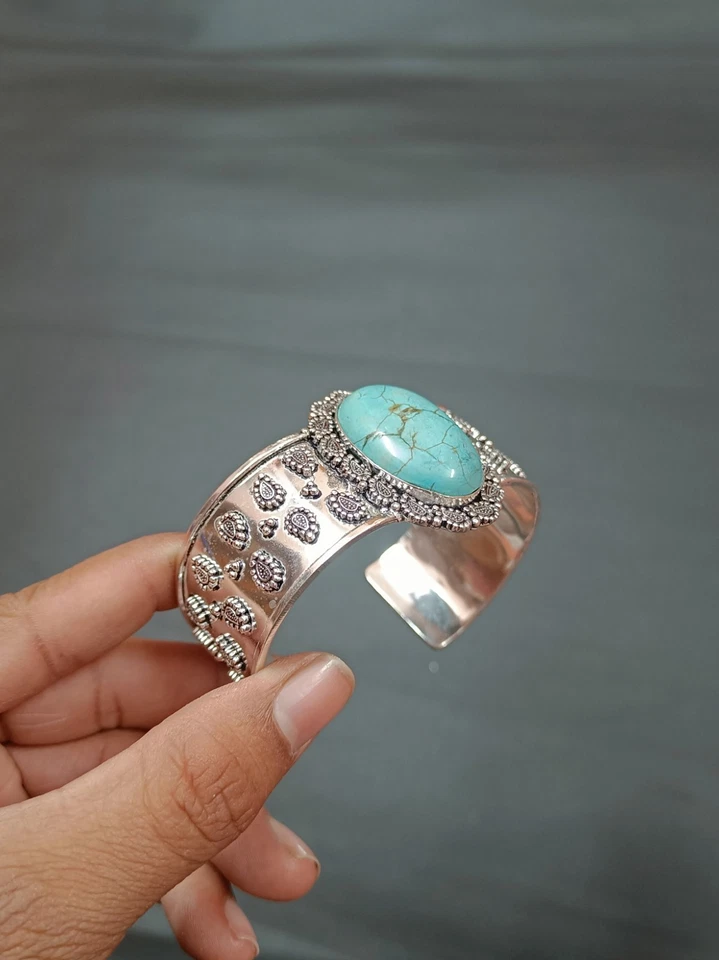 Beautiful Copper Turquoise Gems Bangle Sterling Silver Adjustable Gift Bangle Foto 2 de 4