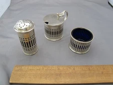 Nice MAPPIN & WEBB English Sterling & Cobalt Glass 3 PC CONDIMENT SET-1912-117 g
