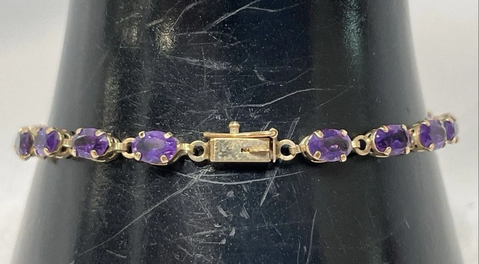 10K 黄金紫水晶石椭圆形链接精致网球 7 1/4 英寸手链 4.7 克 — 第 4/4 张图片