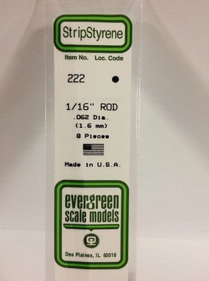 Evergreen 222 Plasticcart Rod Ø 1,6mm (8) Polystyrene Rundstab weiß Modellbau