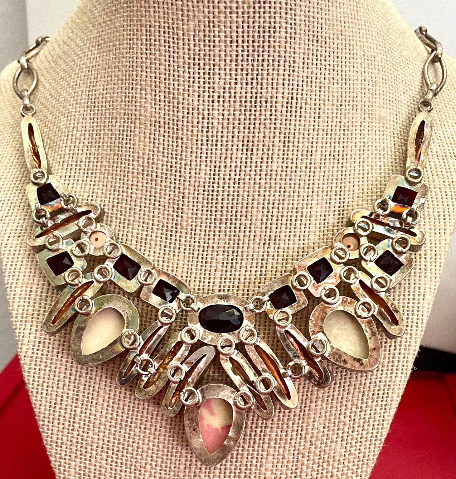 Artisan Silver Plated Statement Necklace Red Crys… - image 8