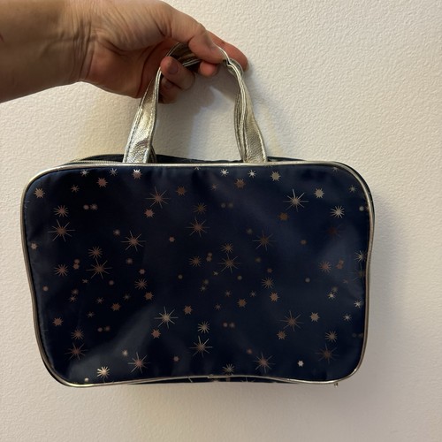 Dark Blue Travel/Cosmetic Bag with Gold Star Print, Gold Handles & Trim