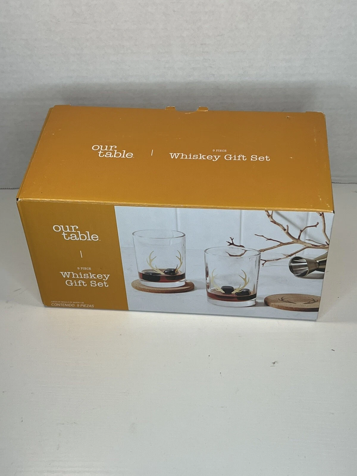 Antler Hunting Our Table Whiskey Glass Gift Set W  Whiskey Rocks 9pcs 12oz NEW