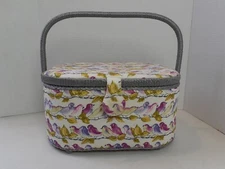 Vintage Sewing Box Basket Pastel Birds Fabric Covered Padded with Tray  12x9x6