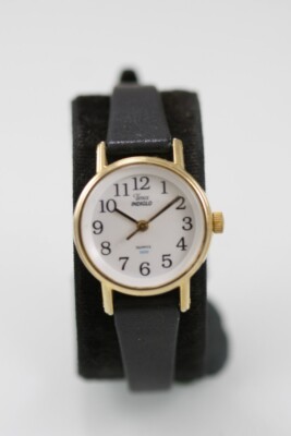 Timex Damen Uhr Gold Edel Stahl Schwarzes Leder Batterie Licht WR Weiß Quarz