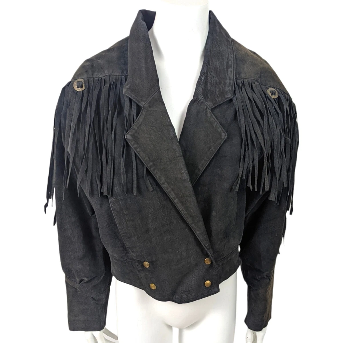Vintage 80s Fringe Leather Jacket Western Concho Womens Medium Black Distressed