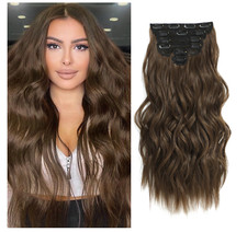 Clip in Hair Extensions, 6PCS Long Wavy Soft Hair Blends Well 20 in Medium Brown