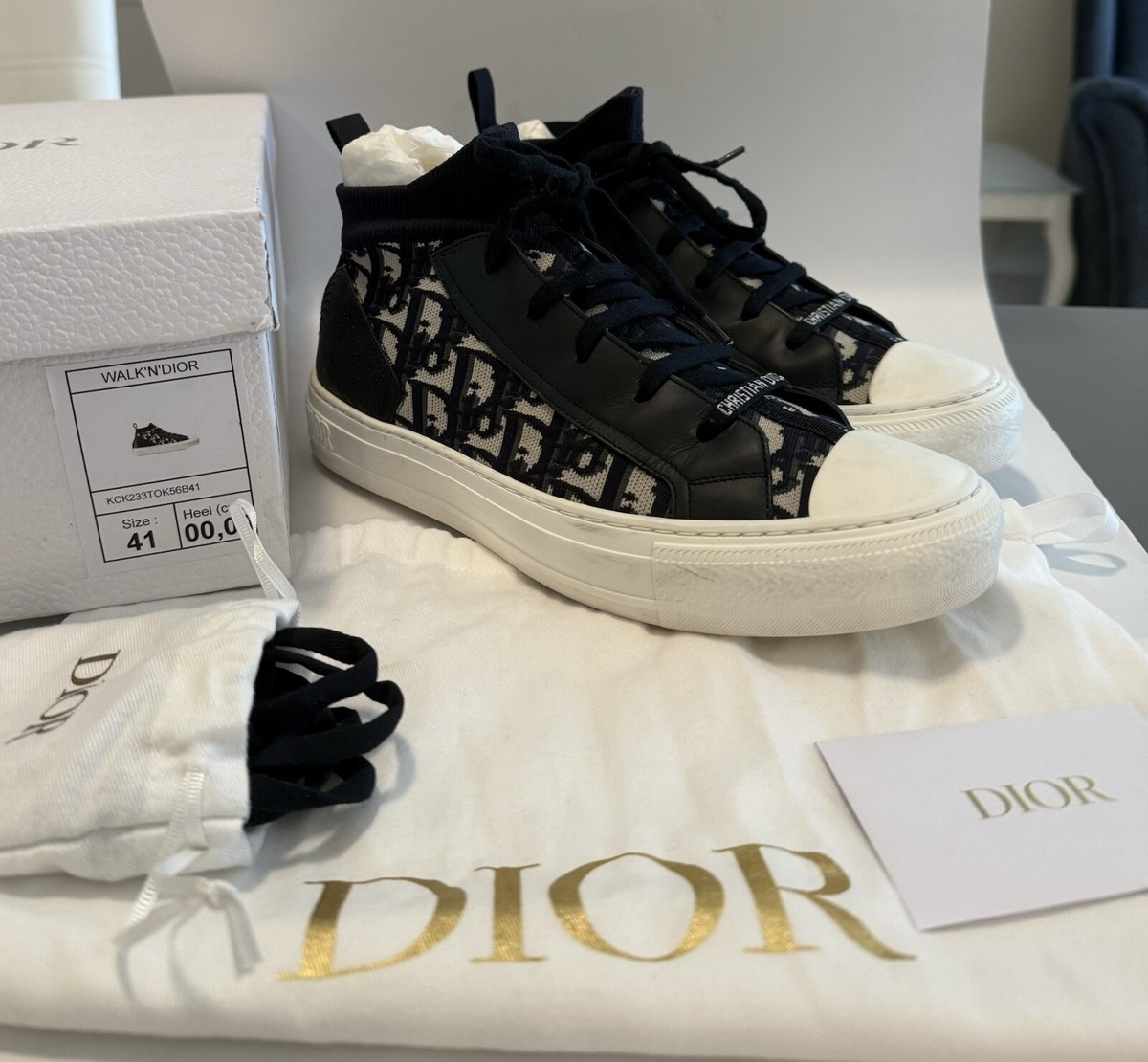 ディオールWalk'n'Dior スニーカー　21.5cmハイカットスニーカー Christian Dior Walk'N'Dior Oblique Navy Blue Canvas and Leather