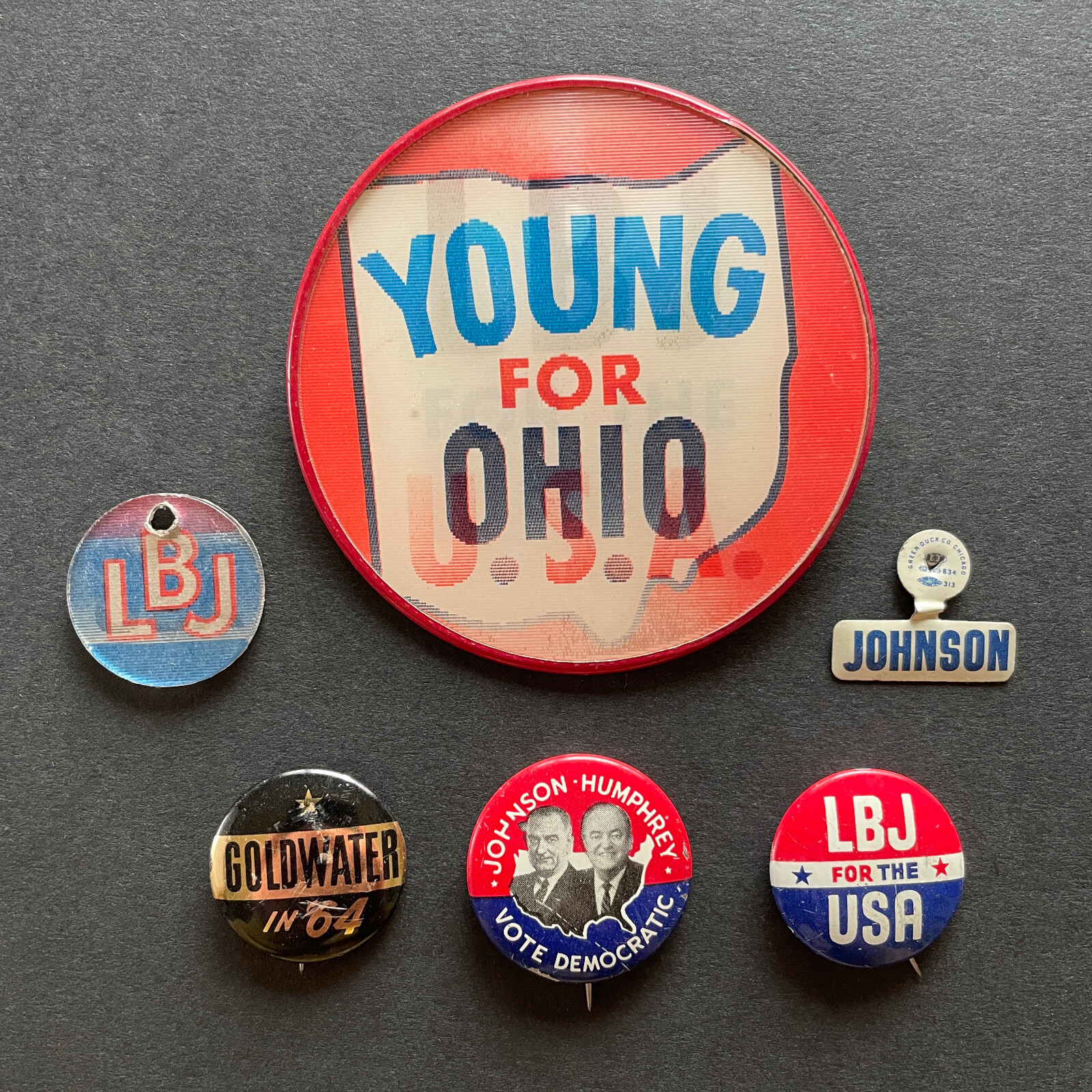 1964 LBJ Johnson & Humphrey Presidential Campaign Buttons & Goldwater Button