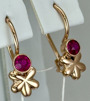 USSR Vintage Original Rose Gold Earrings with Ruby (lab. made) 583 14K 2.55 g.