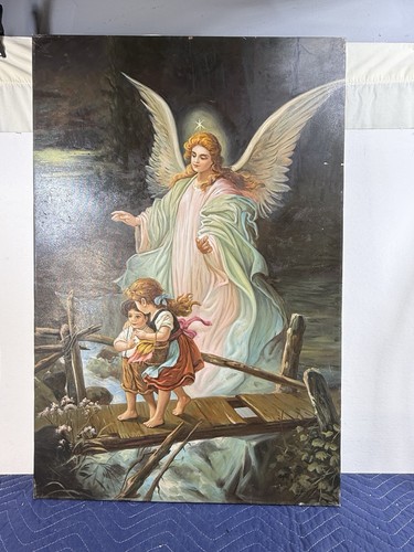 Guardian Angel Watching Over Children On Bridge Oil on Canvas Painting 24x36 5