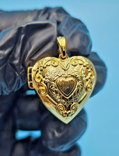 Engraved Vintage Style Photo Heart Locket Charm Pendant 14K Yellow Gold Plated