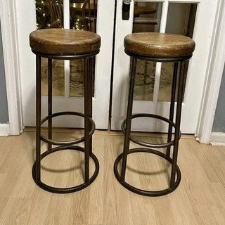 Set of 2 Industrial Bar Stools Round Medium Wood Seat Metal Frame Brown/Black