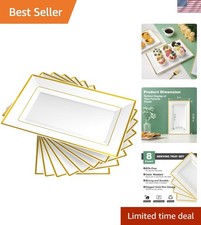 8 PCS Plastic Serving Trays, White and Gold Rim Plastic Serving Platters, Dis...