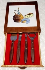 Wine & Cheese Tile & Wood Cheese Board w Stainless Japan Knife Set Drawer Vtg